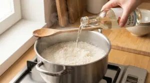 Una mano versa aceto nell’acqua di cottura del riso in una pentola sul fornello