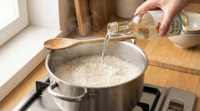 Una mano versa aceto nell’acqua di cottura del riso in una pentola sul fornello