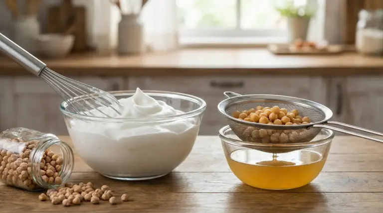 Acqua dei ceci montata a neve in una ciotola, con ceci scolati e frusta su un tavolo da cucina