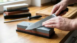 Mani che affilano un coltello da cucina su una pietra abrasiva in casa