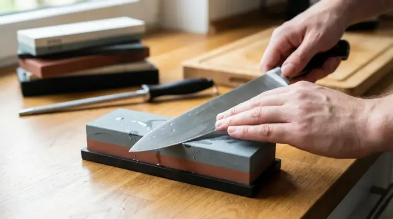 Mani che affilano un coltello da cucina su una pietra abrasiva in casa