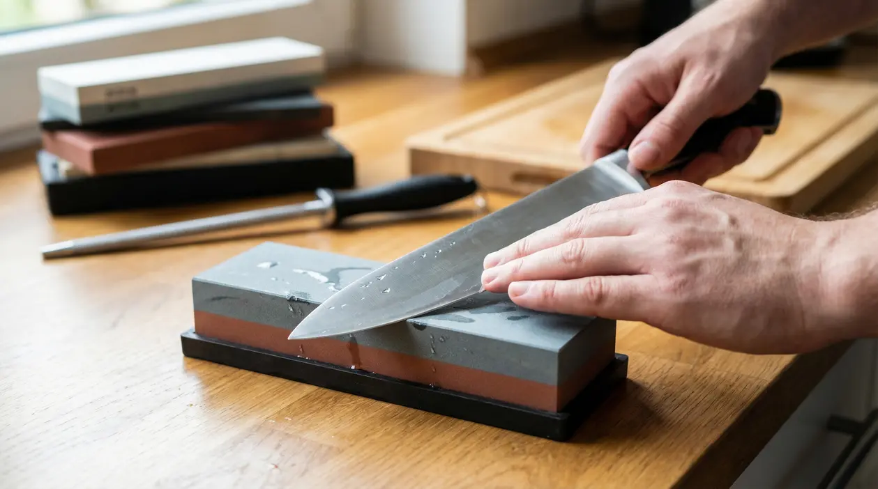 Mani che affilano un coltello da cucina su una pietra abrasiva in casa