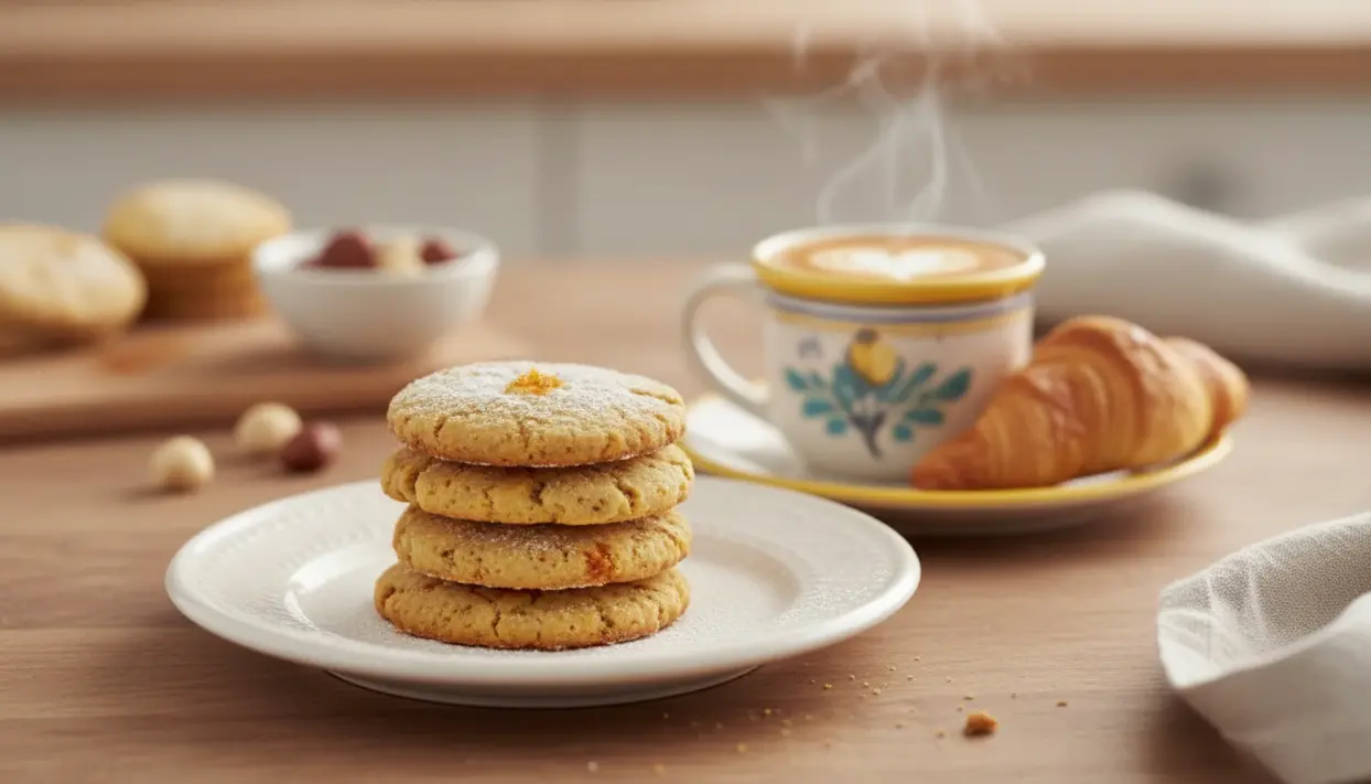 Biscotti speziati da colazione su un piatto, con cappuccino caldo e croissant sullo sfondo
