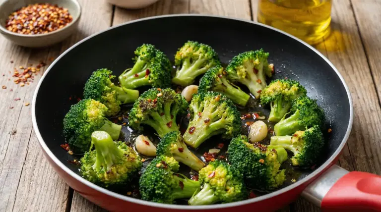 Broccoli saltati in padella con aglio, olio e peperoncino su tavolo di legno