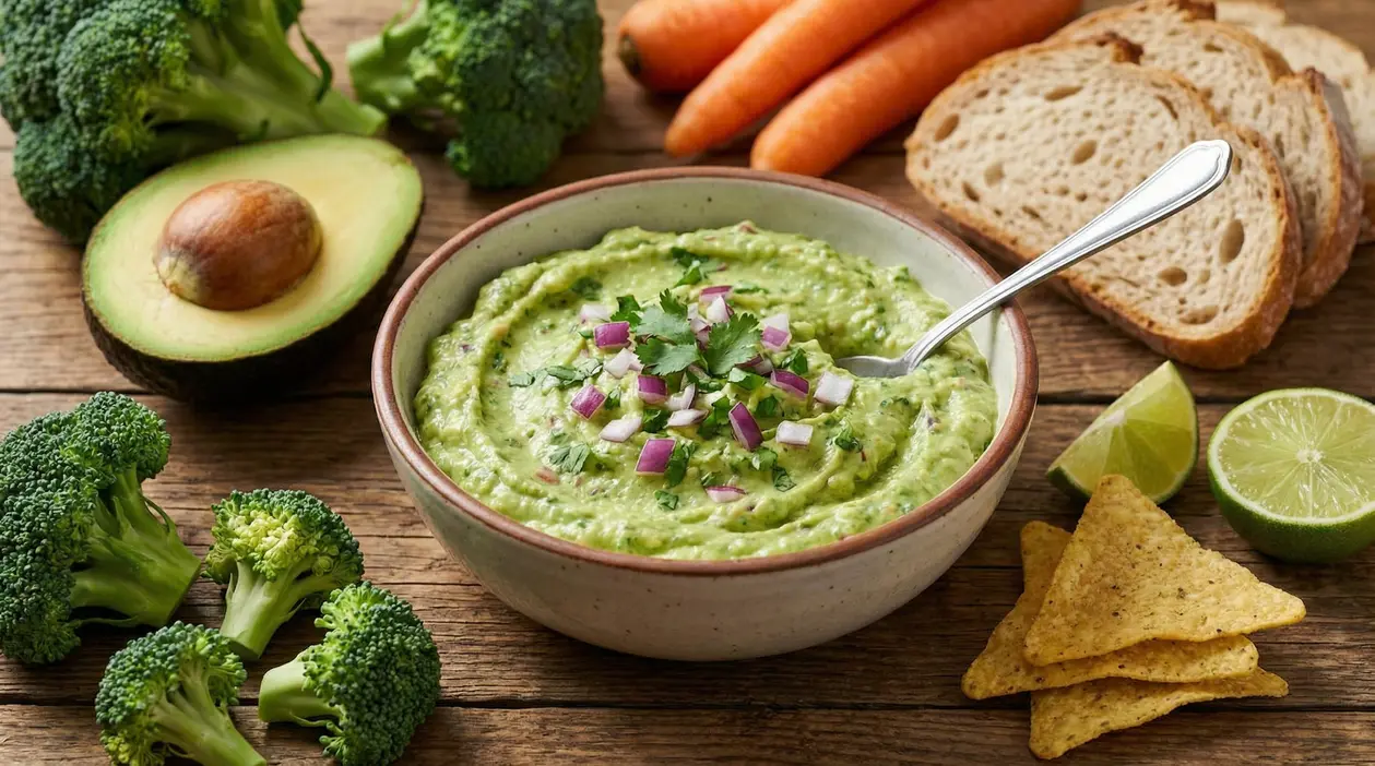 Ciotola di broccomole con avocado e broccoli, servita con lime, pane, carote e nachos