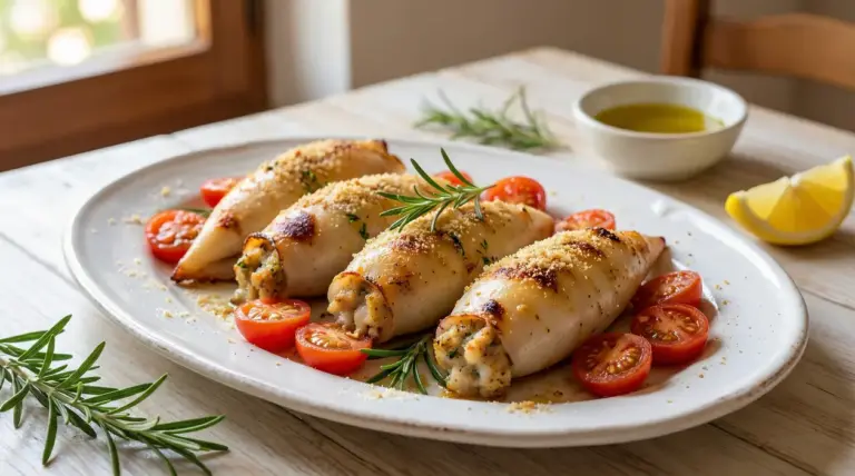 Calamari ripieni al forno serviti con pomodorini, rosmarino, limone e olio d'oliva su un piatto bianco