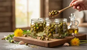 Vasetti di capperi di tarassaco in salamoia su tagliere con fiori di tarassaco, erbe aromatiche e olio