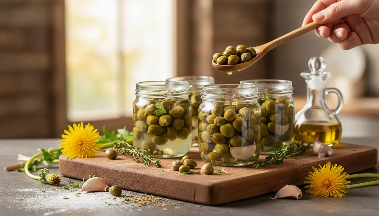 Vasetti di capperi di tarassaco in salamoia su tagliere con fiori di tarassaco, erbe aromatiche e olio