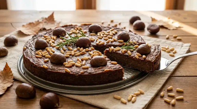Castagnaccio tradizionale con castagne, pinoli e rosmarino su un vassoio rustico, con una fetta appena servita