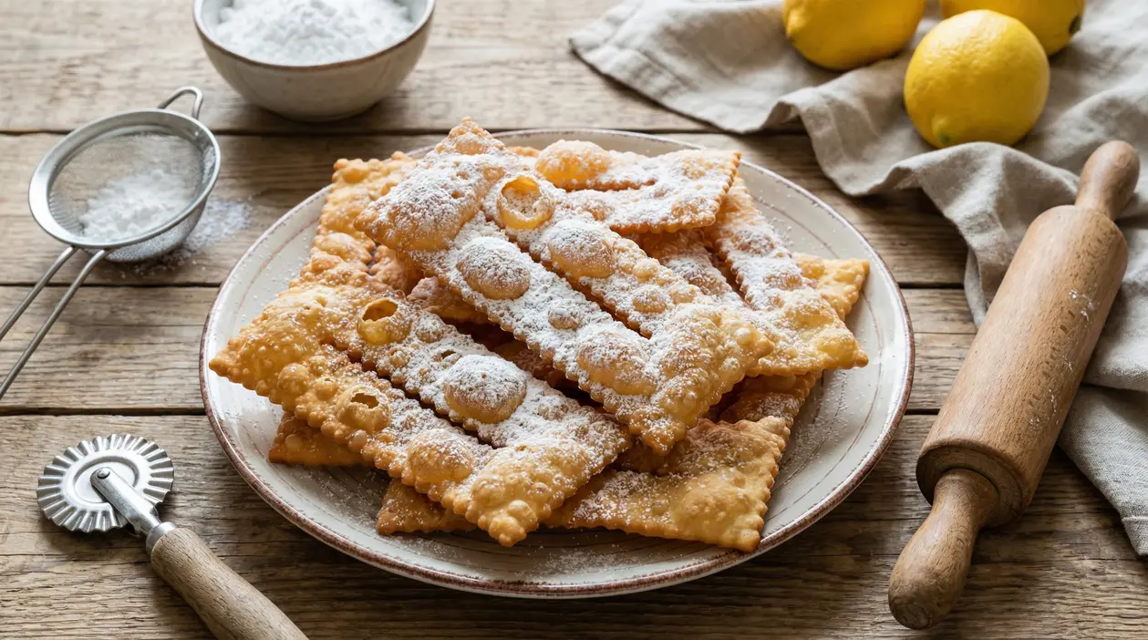 Piatto di chiacchiere croccanti e bollose con zucchero a velo, su tavolo rustico con limoni e matterello