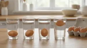 Uova in bicchieri d’acqua per verificare la freschezza con il test del galleggiamento in cucina