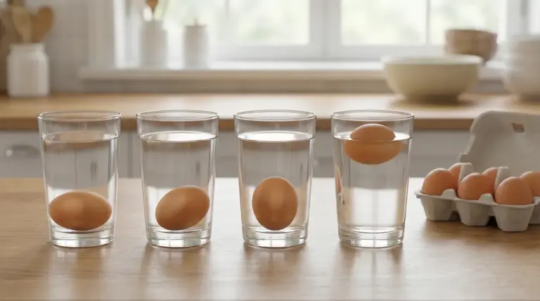 Uova in bicchieri d’acqua per verificare la freschezza con il test del galleggiamento in cucina