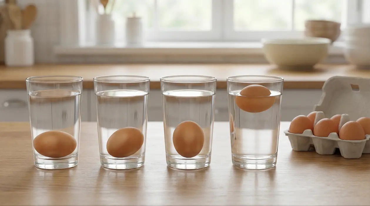 Uova in bicchieri d’acqua per verificare la freschezza con il test del galleggiamento in cucina