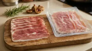 Fette di prosciutto crudo su tagliere accanto a una confezione sottovuoto, pronte per il congelamento corretto
