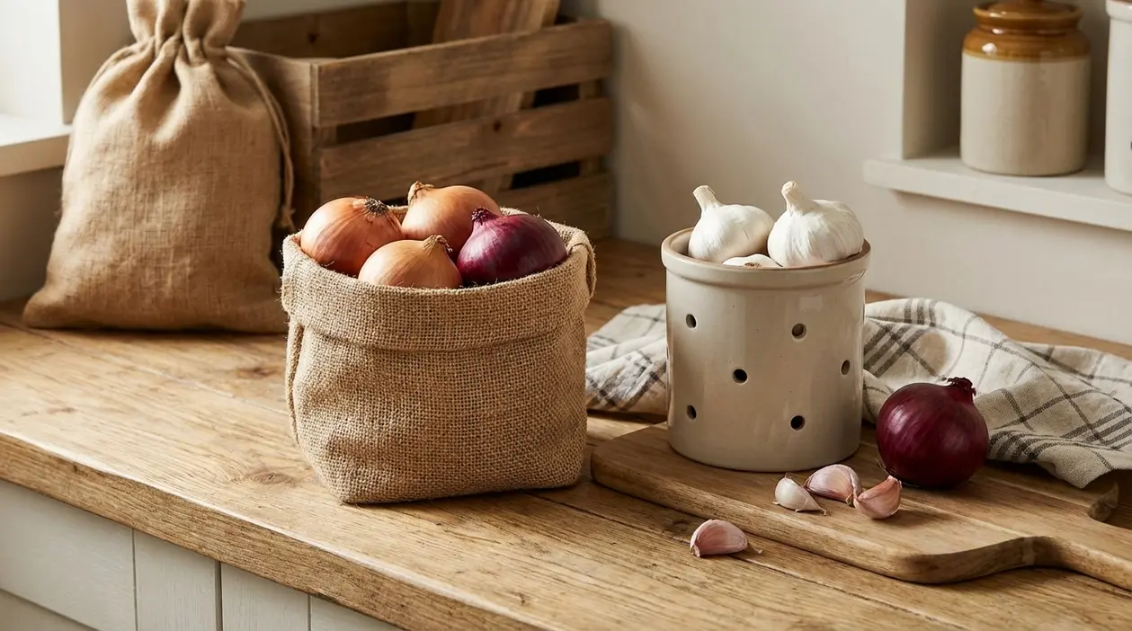 Aglio e cipolle conservati in sacchi di juta e contenitore forato su un piano di cucina in legno