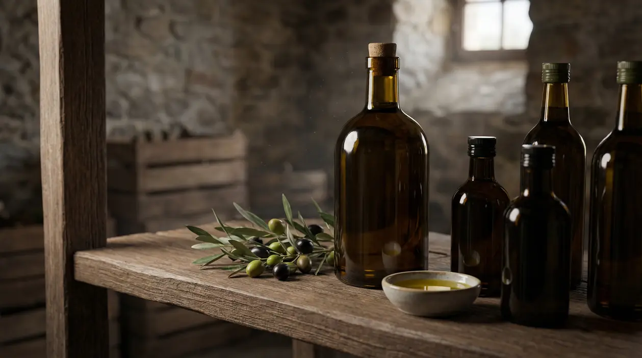 Bottiglie scure di olio extravergine di oliva su tavolo in legno con rami di ulivo, in ambiente rustico