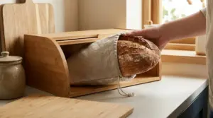 Mano che ripone una pagnotta in un sacchetto di stoffa dentro una portapane in legno in cucina