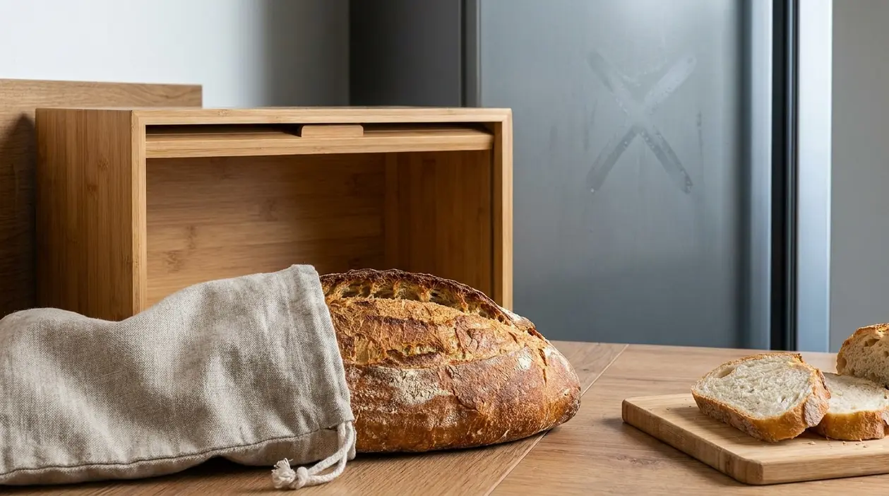 Pagnotta su tavolo vicino a una bread box, coperta da un panno, con frigorifero sullo sfondo