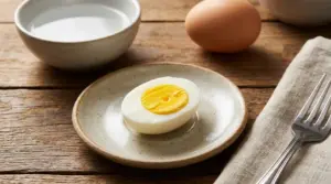 Mezzo uovo sodo su un piattino, con uovo intero e ciotola d’acqua su tavolo in legno