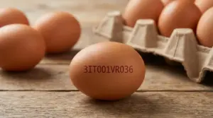 Uovo con codice stampato in primo piano accanto a un cartone, esempio di etichetta sulle uova da interpretare