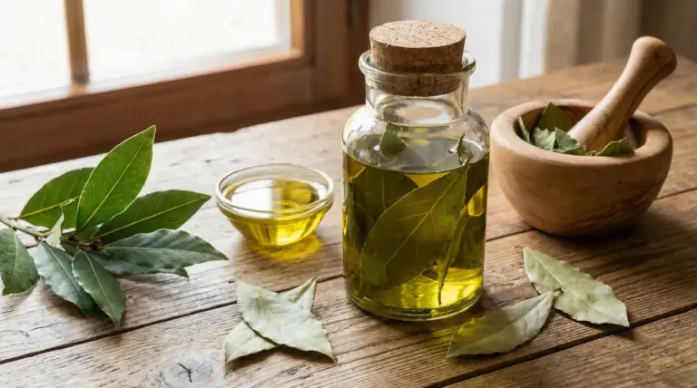 Bottiglia di oleolito di alloro con foglie in infusione, ciotolina d’olio e mortaio su tavolo di legno