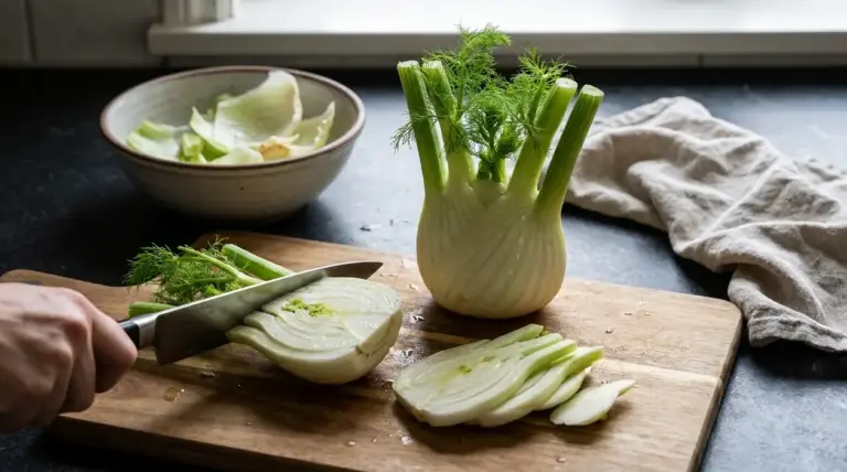 Mano che taglia un finocchio su un tagliere in cucina, con scarti e fette pronte da usare
