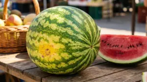 Anguria intera con buccia striata e fetta tagliata su un banco di mercato all’aperto