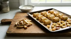 Bordi di pancarré riutilizzati in snack salati e crostini dorati su teglia in cucina