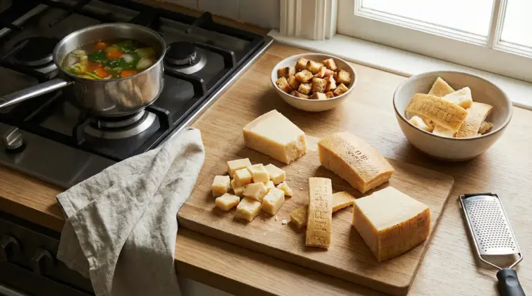 Croste di formaggio e pezzi di parmigiano su tagliere accanto a una pentola di brodo in cucina