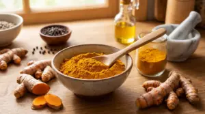 Curcuma in polvere e radici fresche su un tavolo da cucina con cucchiaio, olio e pepe nero