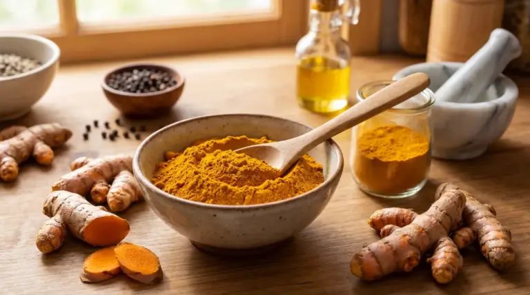 Curcuma in polvere e radici fresche su un tavolo da cucina con cucchiaio, olio e pepe nero