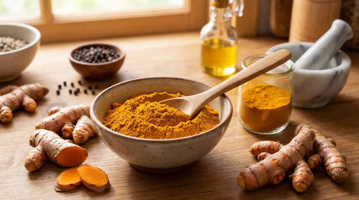 Curcuma in polvere e radici fresche su un tavolo da cucina con cucchiaio, olio e pepe nero