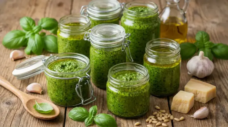 Barattoli di pesto fresco con basilico, olio, aglio e formaggio su tavolo di legno