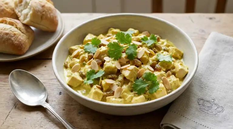 Ciotola di coronation chicken con salsa cremosa, mandorle e uvetta servita su tavolo di legno