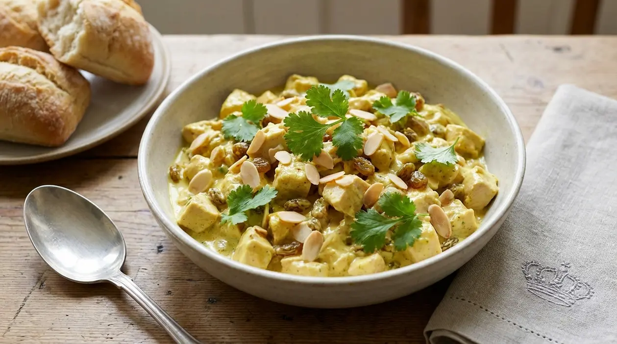Ciotola di coronation chicken con salsa cremosa, mandorle e uvetta servita su tavolo di legno
