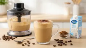 Crema al caffè preparata nel frullatore con latte leggero, servita in una tazza di vetro