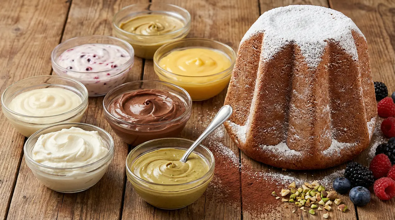 Pandoro con diverse creme in ciotole su tavolo di legno, ideale da farcire