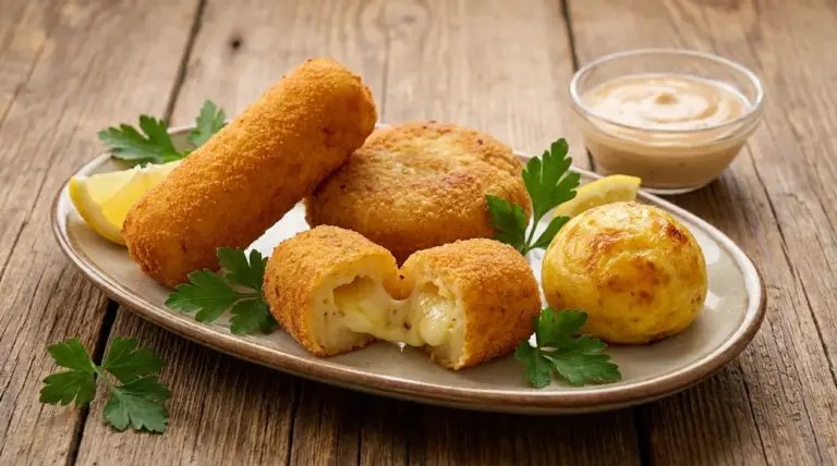 Piatto di crocchette e polpette di patate dorate con ripieno filante, limone e salsa su tavolo rustico