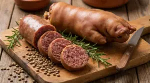 Cotechino a fette e zampone intero su tagliere di legno con rosmarino e lenticchie