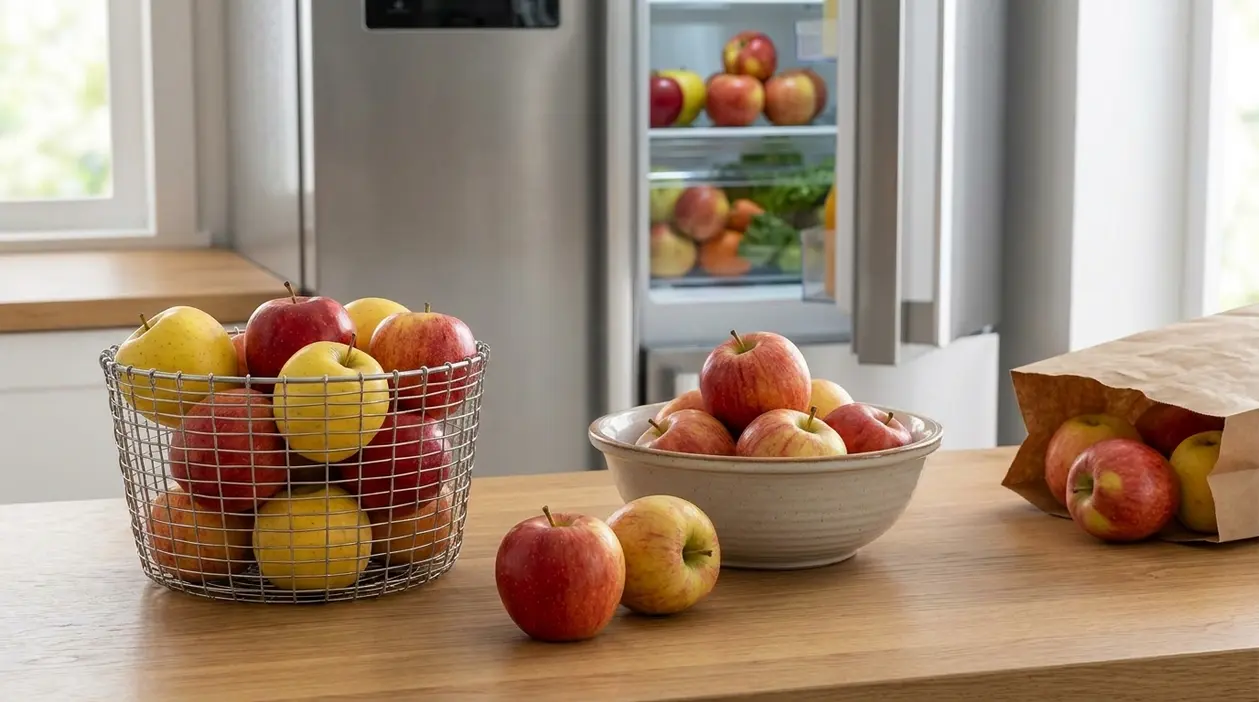 Mele rosse e gialle su un tavolo da cucina, con frigorifero aperto sullo sfondo