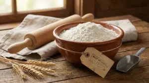 Ciotola di farina su tavolo rustico con mattarello e spighe di grano, simbolo della farina scaduta