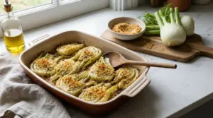 Finocchi gratinati al forno con pangrattato croccante in una pirofila, accanto a finocchi freschi e olio d'oliva