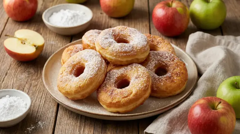 Frittelle di mele leggere spolverate di zucchero a velo su un piatto, con mele fresche su tavolo di legno