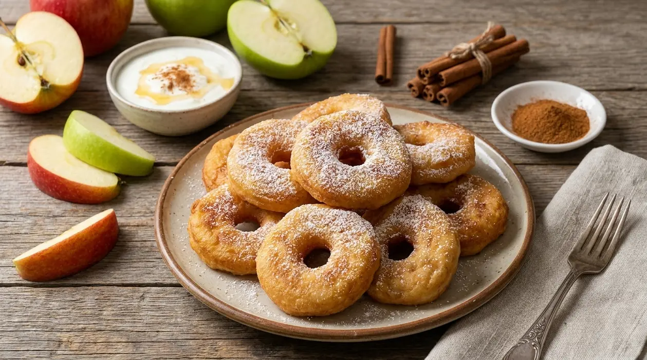 Frittelle light con mela, cannella e yogurt servite su un piatto, con mele fresche e cannella sul tavolo