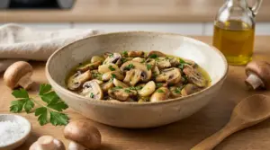 Ciotola di funghi trifolati con aglio, prezzemolo e olio extravergine su tavolo di legno