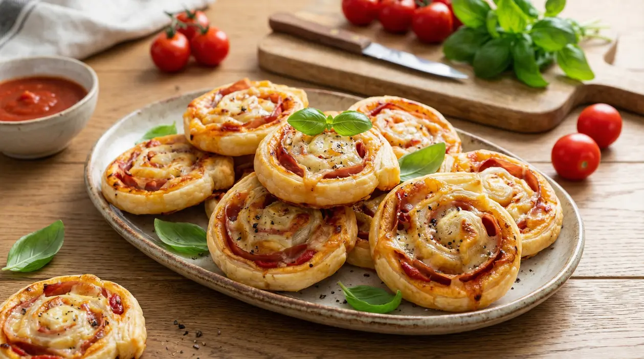 Girelle di pasta sfoglia salate con pomodoro, formaggio e prosciutto su un piatto, ideali per antipasti e buffet