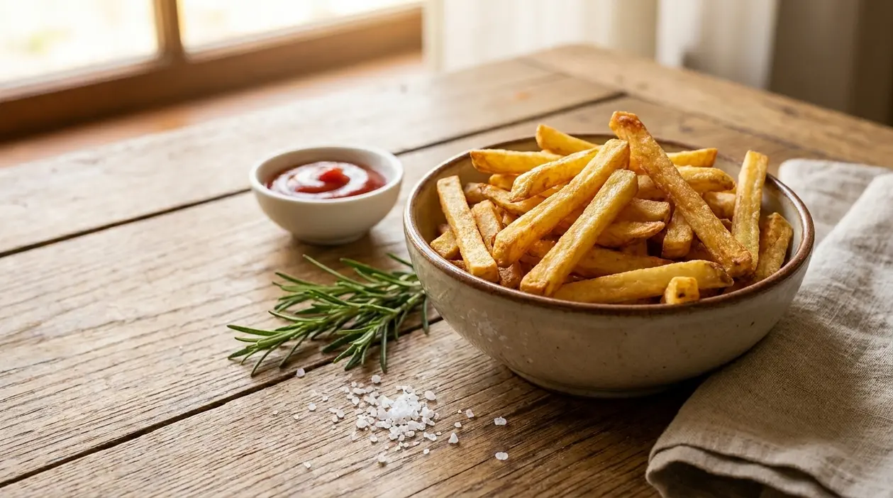Ciotola di patatine fritte dorate e croccanti su tavolo di legno con salsa rossa, rosmarino e sale grosso