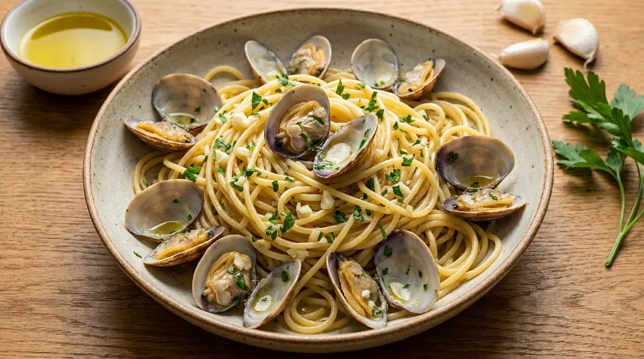 Piatto di spaghetti alle vongole con aglio, prezzemolo e olio extravergine su tavolo di legno