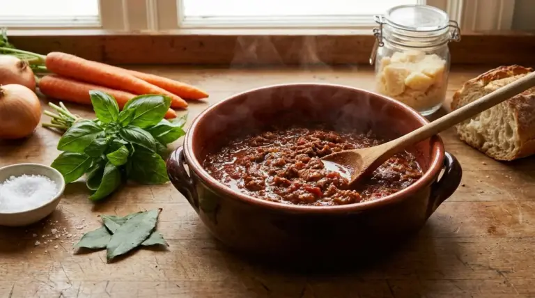 Ragù fumante in una terracotta con cucchiaio di legno, circondato da basilico, carote, cipolle e alloro
