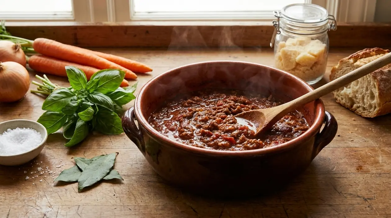 Ragù fumante in una terracotta con cucchiaio di legno, circondato da basilico, carote, cipolle e alloro